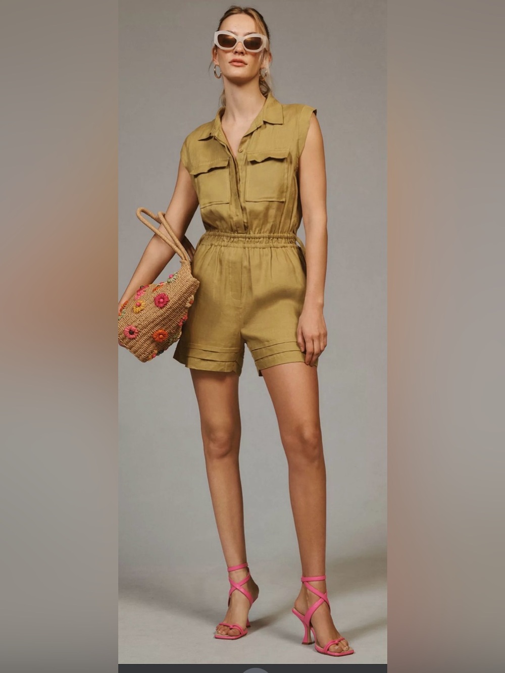 High Waist Utility Shorts Romper in Olive